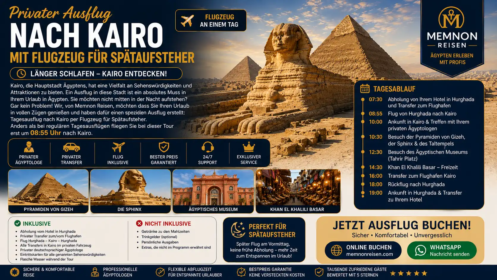 Privater Ausflug nach Kairo mit Flugzeug für Spätaufsteher