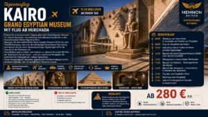 Erleben Sie einen besonderen Tagesausflug Kairo Grand Egyptian Museum mit Flug ab Hurghada – ein exklusives Spezialprogramm, das Sie zu den faszinierendsten Stätten Ägyptens führt. Besuchen Sie das weltberühmte Grand Egyptian Museum (GEM) mit über 100.000 Exponaten, darunter die vollständige Tutanchamun-Sammlung, und tauchen Sie mit einem deutschsprachigen Ägyptologen tief in die Geschichte der Pharaonen ein. Anschließend geht es weiter nach Sakkara zur ältesten Pyramide der Welt – der Stufenpyramide des Djoser – und zum mystischen Serapeum, der unterirdischen Grabstätte der heiligen Apisstiere. Dieser einzigartige Ort mit seinen gigantischen Granitsarkophagen ist ein absolutes Highlight, das nur wenige Kairo-Besucher kennen. Der Tagesausflug Kairo Grand Egyptian Museum mit Flug ist vollständig privat organisiert – kein Massentourismus, keine Kaffeefahrt. Abholung direkt vom Hotel in Hurghada, El Gouna, Makadi Bay, Sahl Hasheesh, Soma Bay und Safaga inklusive. Zustieg aus El Quseir (+35 € p.P.) und Marsa Alam (+50 € p.P.) gegen Aufpreis möglich. Ab 280 € p.P.