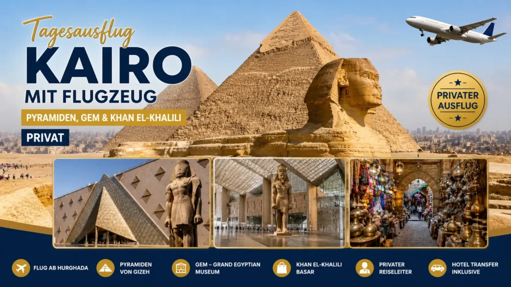 Tagesausflug Kairo mit Flugzeug – Pyramiden, GEM & Khan el-Khalili privat