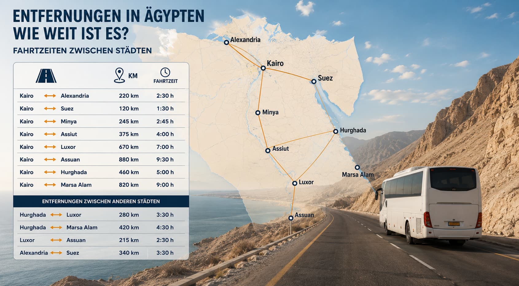 Entfernungen in Ägypten – Wie weit ist es? Fahrtzeiten zwischen Städten