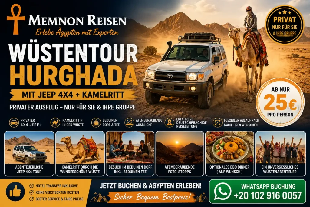 Wüstentour Hurghada mit Jeep 4x4 + Kamelritt. Privater Ausflug
